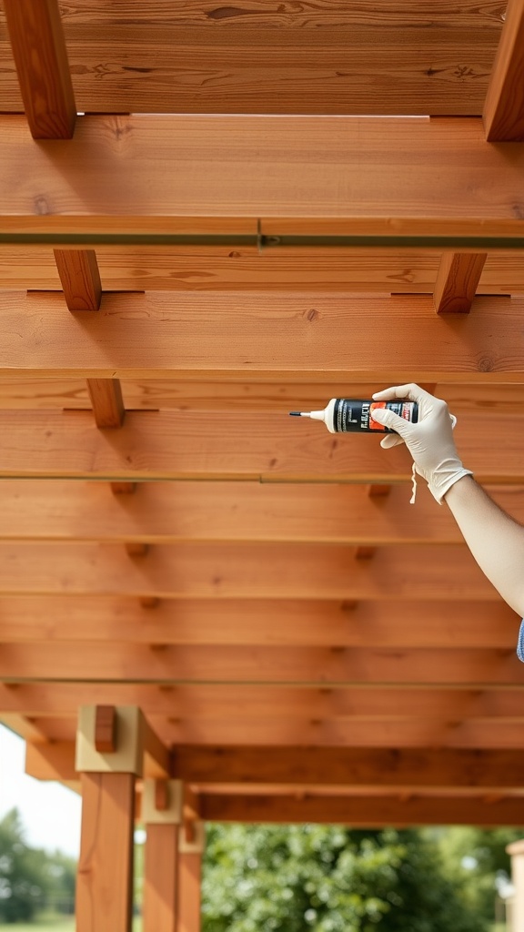 A hand applying adhesive to the beams of a wooden pergola.