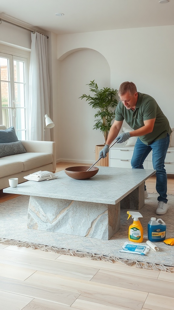 A person cleaning a stone coffee table with cleaning supplies nearby