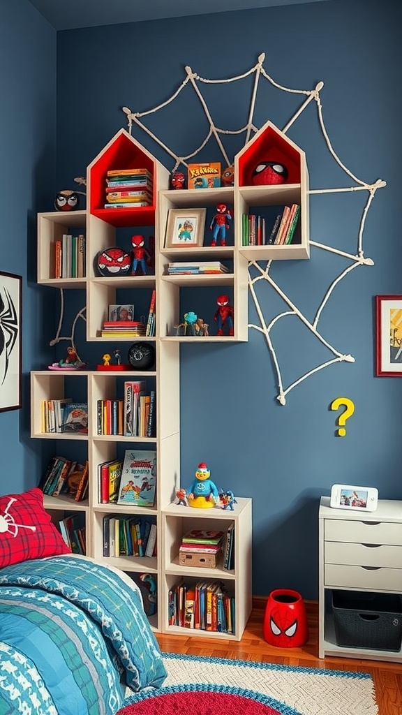 A Spider-Man inspired bedroom with unique shelving resembling a spider web, featuring books and collectibles.