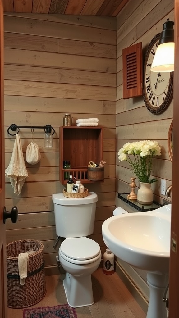 A rustic bathroom featuring wood paneling, mason jar storage for toiletries, and decorative elements.
