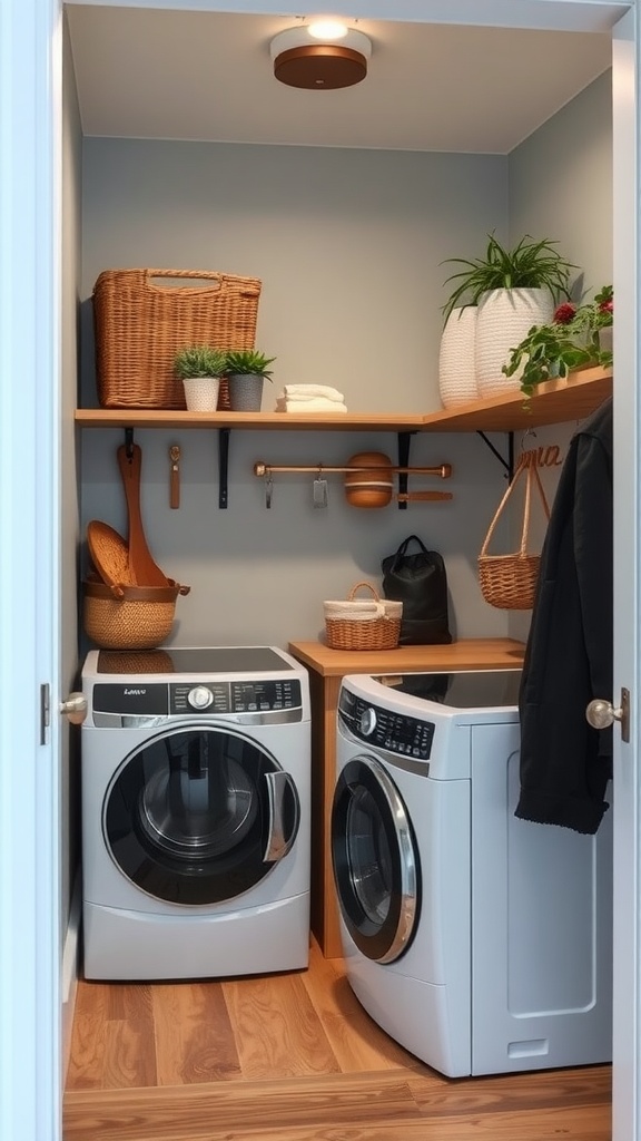A small mudroom laundry room featuring two washing machines, wooden shelves with baskets and plants, and warm lighting.