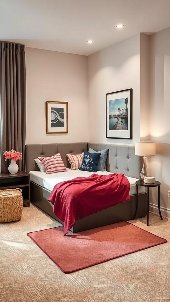 Cozy corner bed setup with gray headboard, colorful pillows, and warm blanket in a well-decorated room.