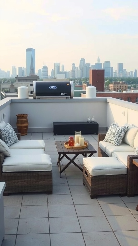 A rooftop patio featuring multi-functional furniture with a city skyline view.