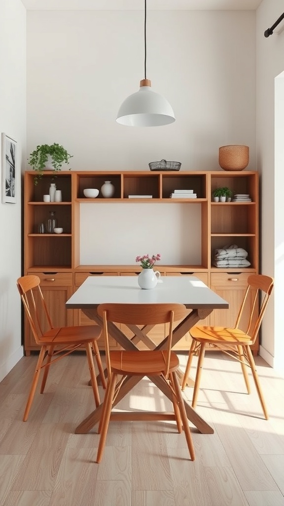 A small dining room featuring a light wood table and chairs, with a shelving unit in the background.