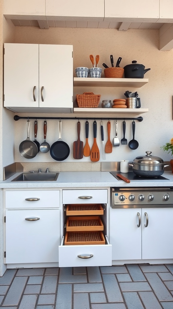 An outdoor kitchen patio featuring white cabinets, open shelves with utensils, a sink, and a grill.