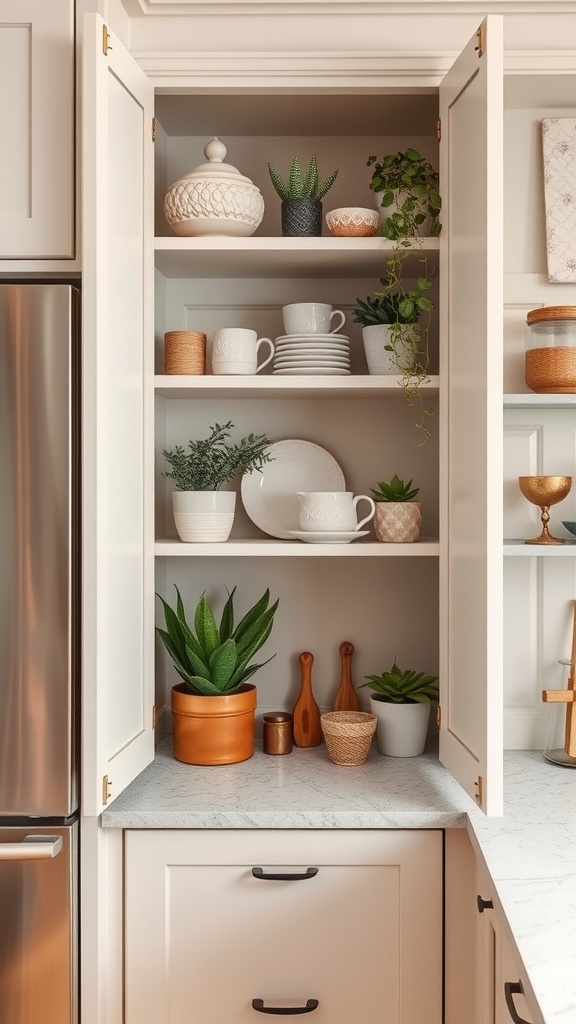 A kitchen corner cabinet with open shelving displaying plants, dishes, and decorative items.