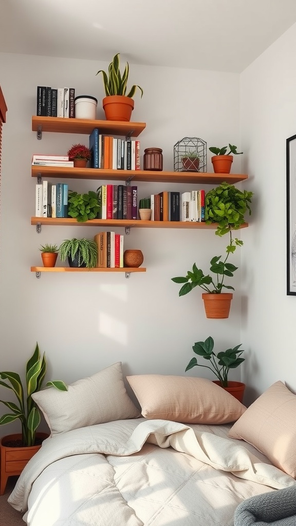 A cozy small bedroom featuring vertical shelving with books and plants above the bed.