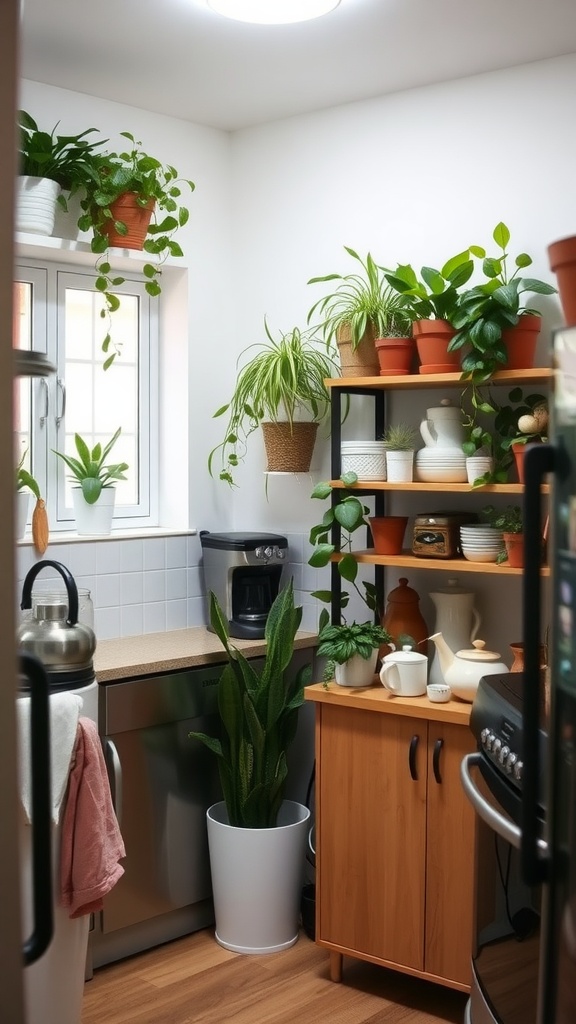 A cozy small kitchen with shelves filled with plants and kitchen items.