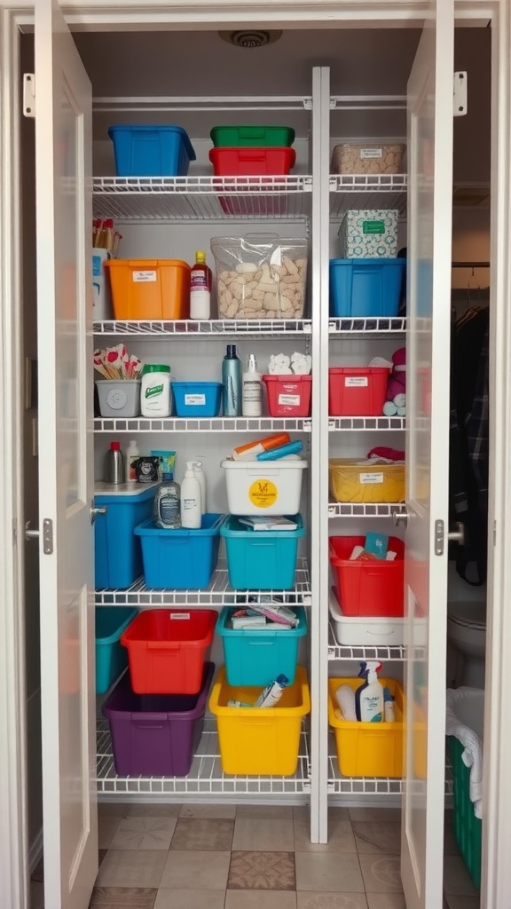Organized bathroom closet with colored bins on shelves