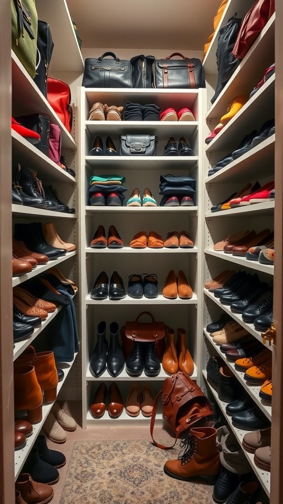 Organized small walk-in closet with shelves filled with shoes and bags