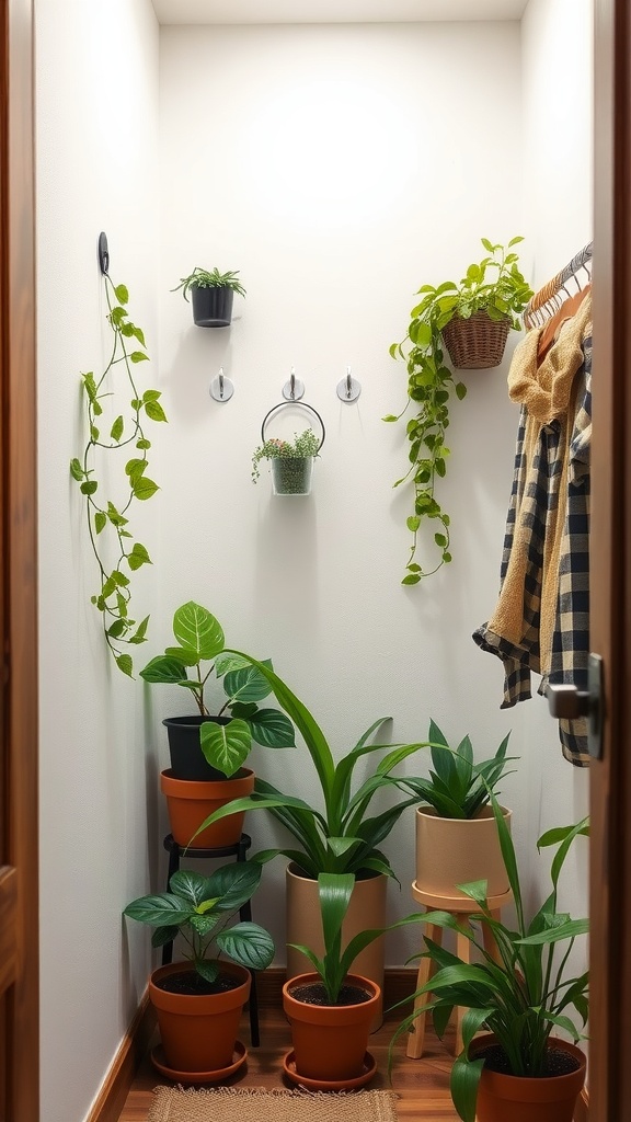 A small dressing room with wooden shelves displaying bags, shoes, and clothing.