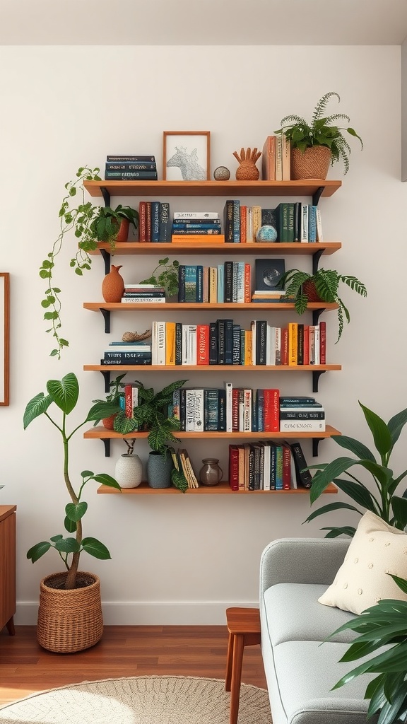 Stylish shelves filled with books, plants, and decorative items in a cozy studio apartment.