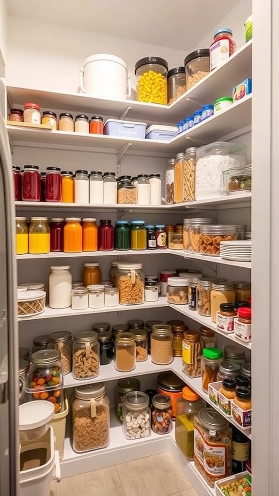 Organized corner kitchen pantry with shelves filled with jars and containers.