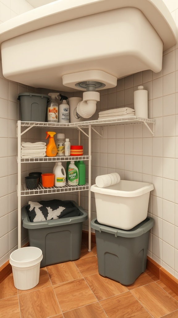 Under sink organization with tiered shelving and storage bins.