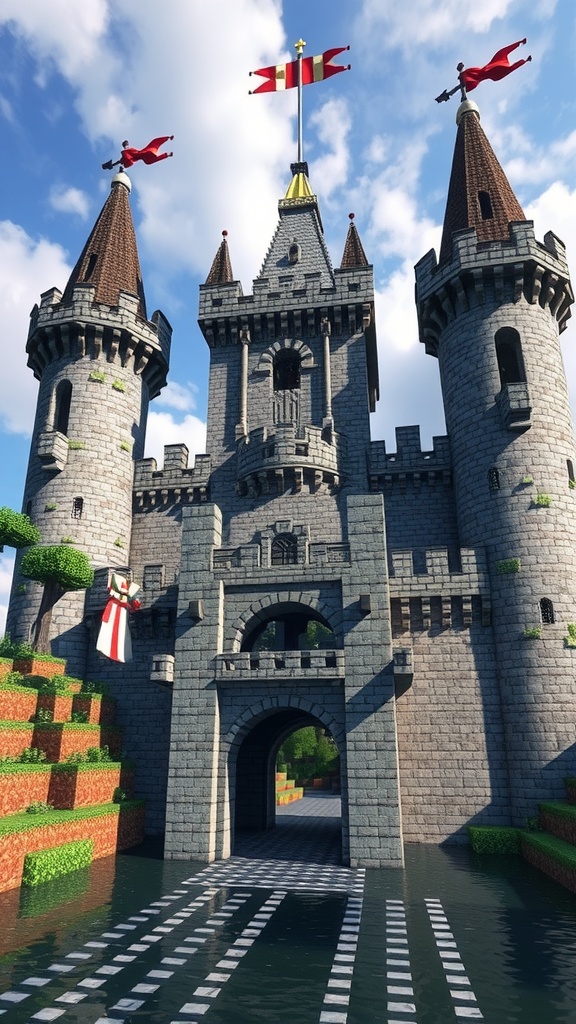 A stunning medieval castle in Minecraft with tall towers, flags, and a surrounding moat.
