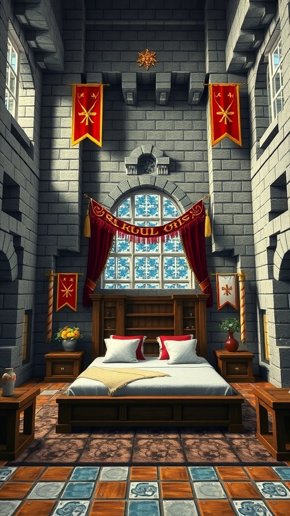A medieval castle bedroom in Minecraft with stone walls, a large bed, wooden furniture, and decorative banners.