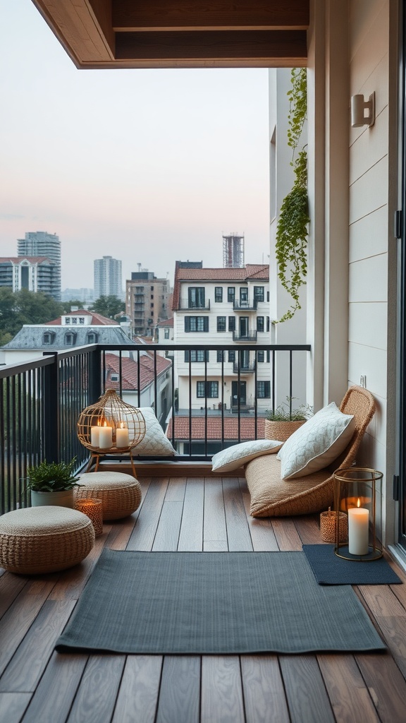 A serene meditation corner on a closed balcony with cushions, candles, and plants, overlooking a cityscape.
