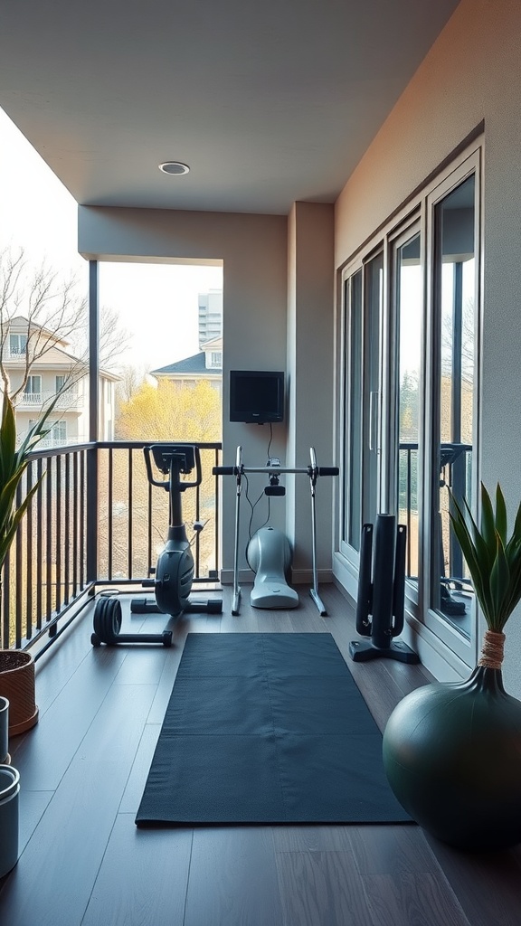 Mini home gym setup on a closed balcony with workout equipment including a stationary bike, rowing machine, and dumbbells.