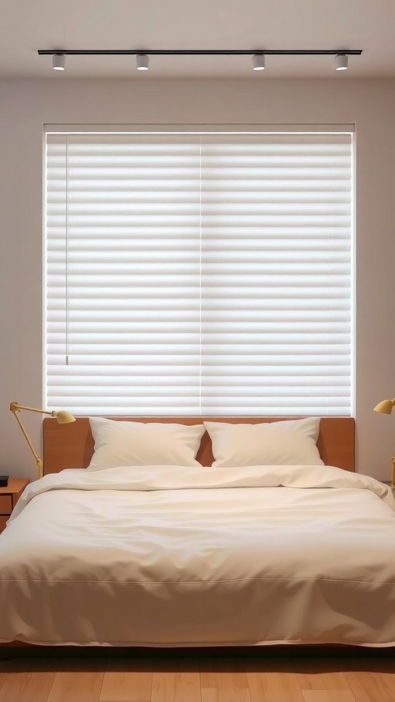 A minimalist bedroom featuring simple blinds above a bed with white bedding and wooden furniture.