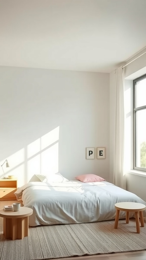 A minimalist bedroom with a white bedspread, natural light, and simple decor.