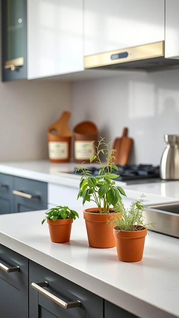 A modern kitchen counter featuring three potted herbs in terracotta pots, surrounded by sleek cabinetry and wooden utensils.