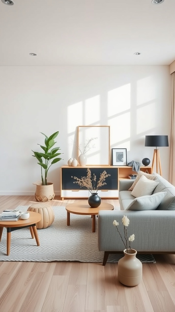 A modern living room featuring minimalist decor with a gray sofa, wooden coffee tables, plants, and natural light.