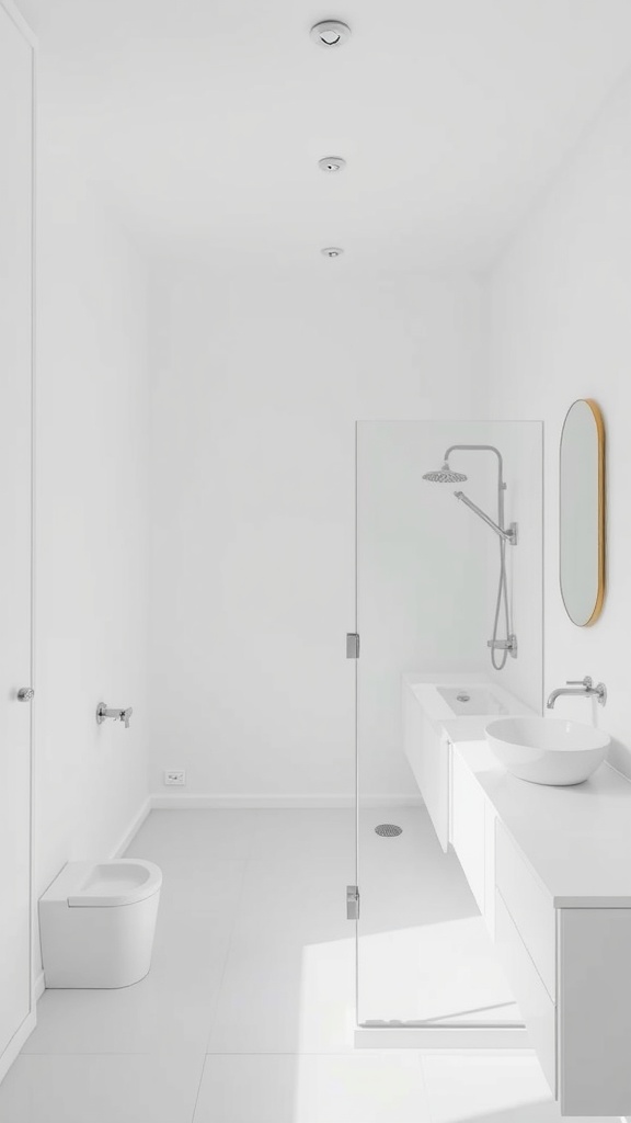 Minimalist bathroom with white surfaces, glass shower, and sleek fixtures.