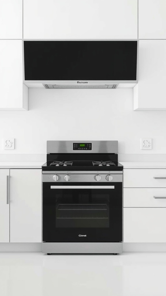 A minimalist white kitchen featuring sleek lines, a modern stove, and a black hood.