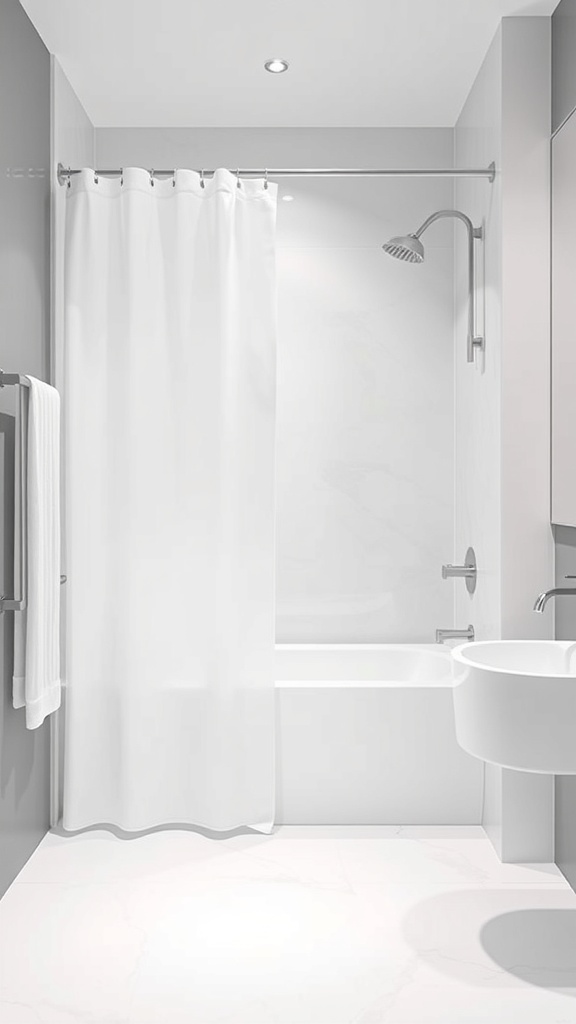 A minimalist bathroom featuring a white shower curtain, modern fixtures, and a clean design.