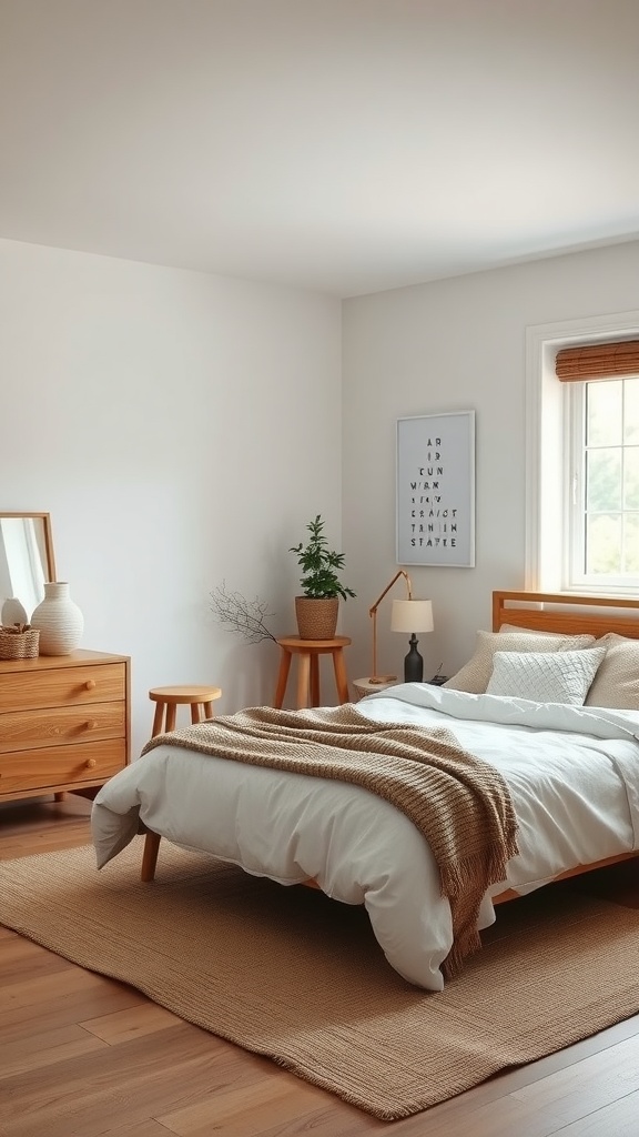 A Scandinavian-style bedroom featuring wooden furniture, neutral colors, and earthy decor.