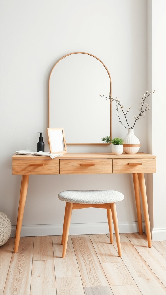 A minimalist Scandinavian style vanity table with a round mirror, wooden surface, and soft stool.