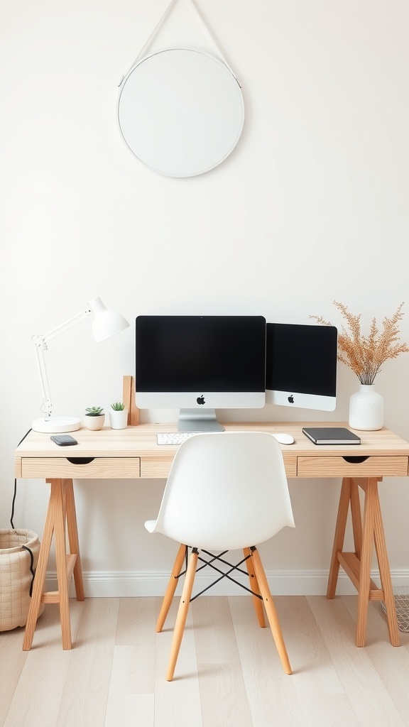 A minimalist Scandinavian workspace featuring a light wood desk, dual monitors, a white chair, and decorative plants.