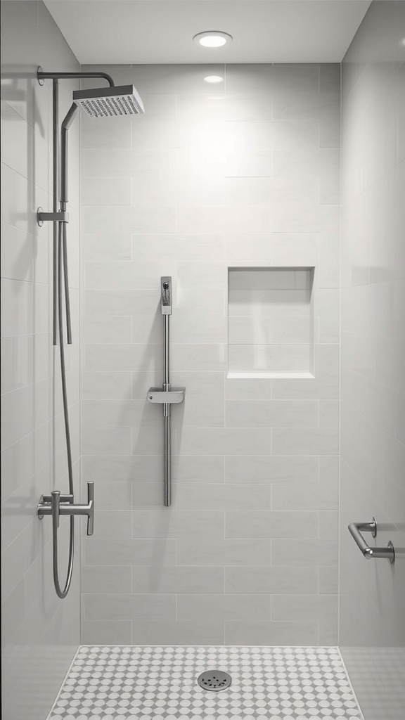 A minimalist zen shower niche with clean lines and neutral tones.