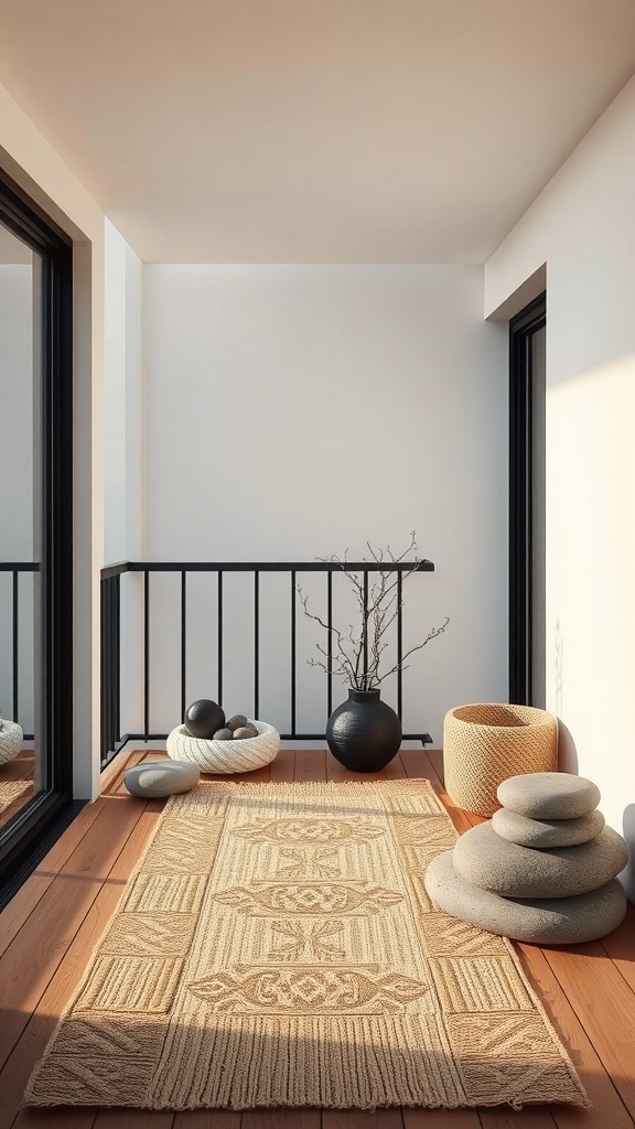 A minimalist balcony designed as a zen space with a meditation corner.
