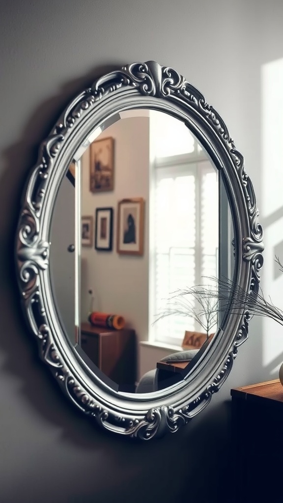 An ornate silver-framed mirror reflecting a stylish living room.