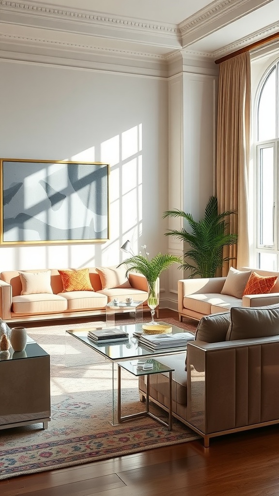 A cozy living room featuring mirrored furniture accents, showcasing a modern coffee table and soft-toned sofas.
