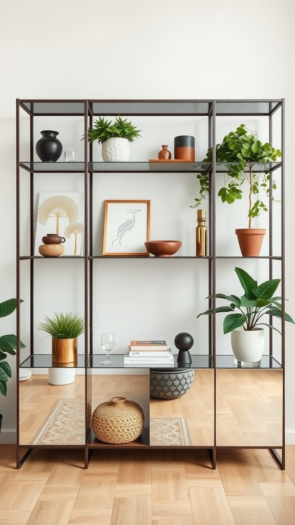A modern mirrored shelving unit displaying various decorative items and plants.