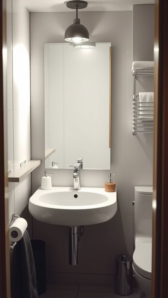 Modern bathroom vanity with a mirror and stylish lighting.