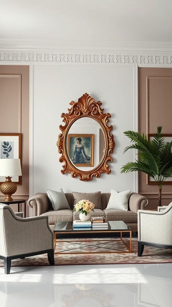 A stylish living room featuring a large ornate gold mirror above a sofa, with plants and decorative accents.