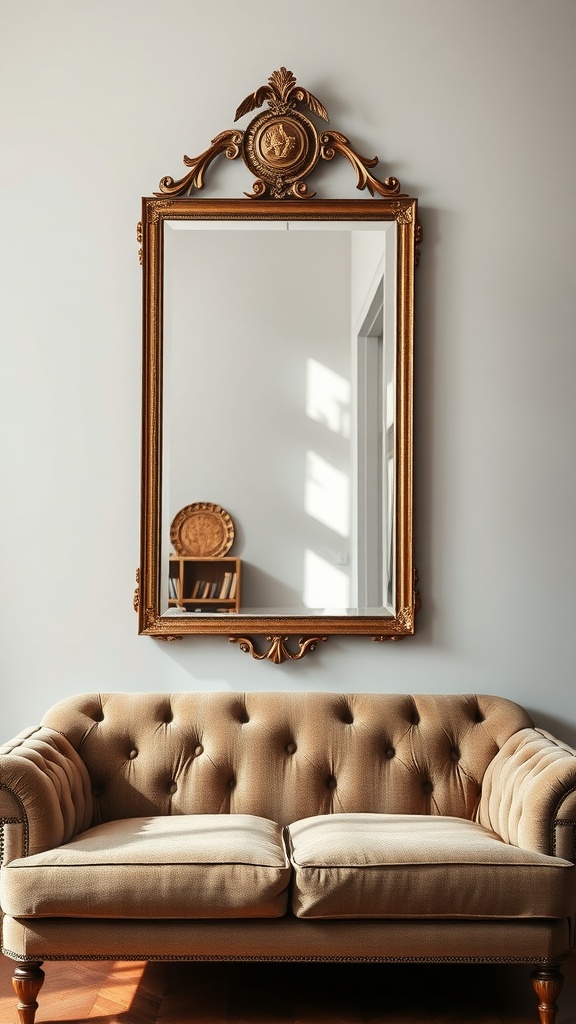 A cozy sofa with a large, elegantly framed mirror behind it, reflecting light and enhancing the room's decor.