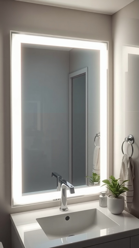 A bathroom mirror with LED backlighting illuminating the space