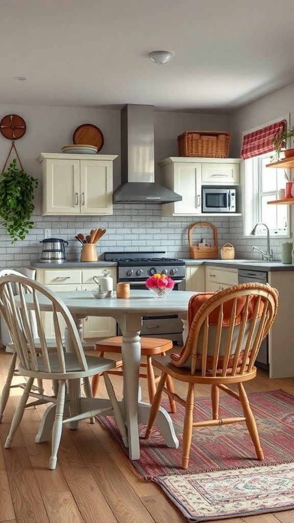 A cozy kitchen with mismatched furniture, featuring a round table and various styled chairs.