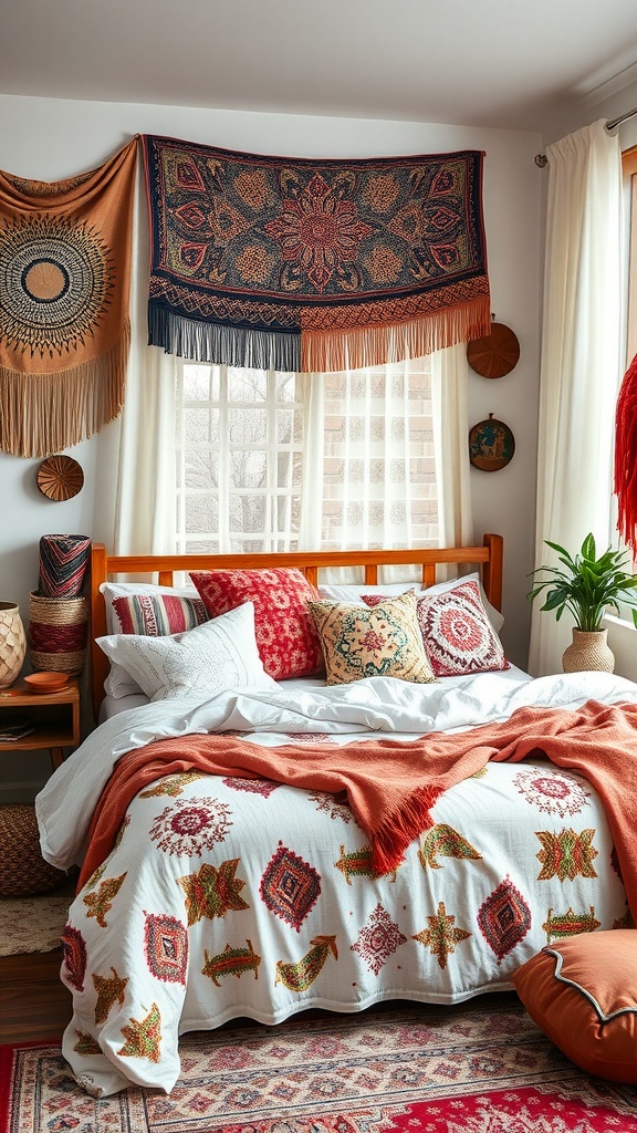 A cozy Bohemian bedroom featuring a bed with a patterned quilt and various decorative pillows, complemented by wall hangings and a plant.