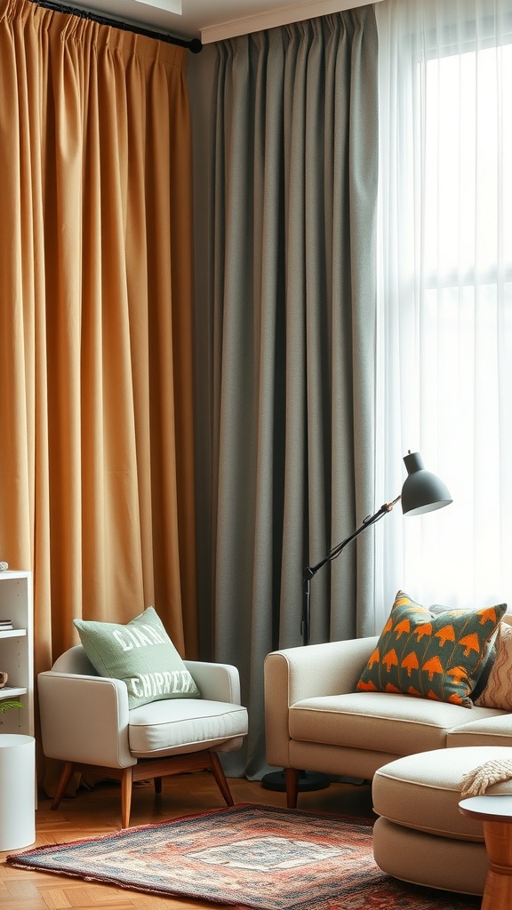 A living room featuring a mix of golden and gray curtains, light furniture, and patterned pillows.
