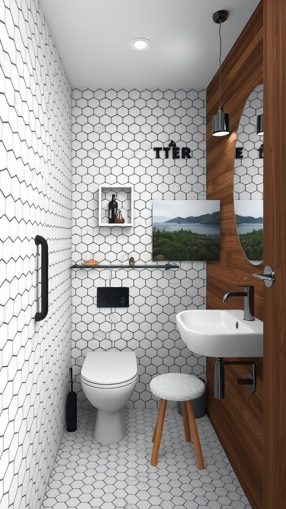 Stylish bathroom featuring hexagon tiles on the walls and floor, with wooden accents and modern fixtures.