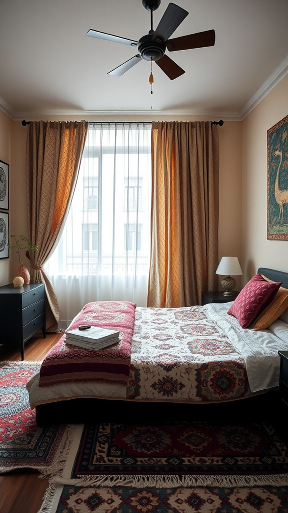 A cozy eclectic bedroom featuring patterned rugs, curtains, and a stylish bedspread.