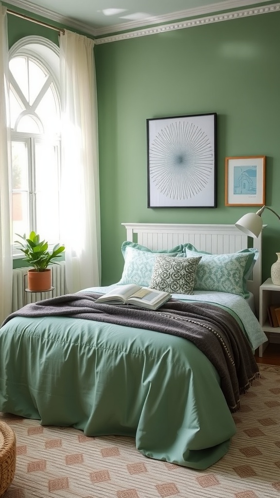 A cozy sage green bedroom with patterned pillows and a warm atmosphere.