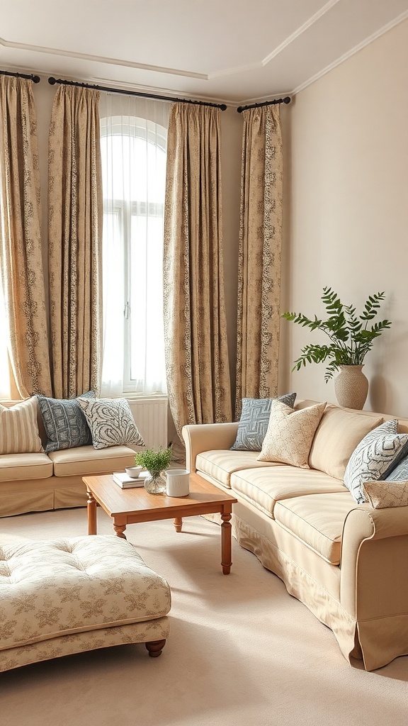A beige living room with patterned curtains, cushions, and a wooden coffee table.
