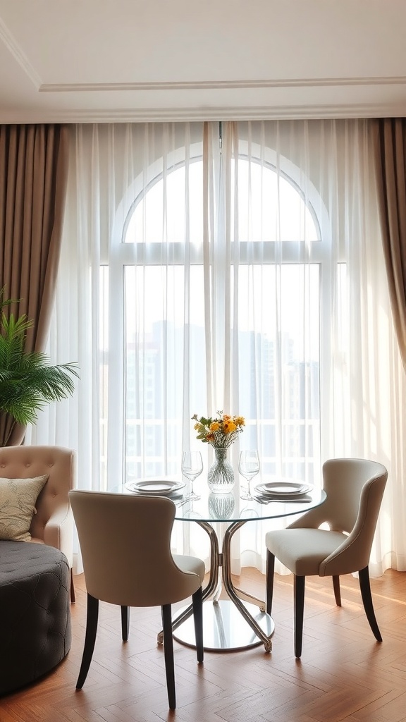 A dining area featuring sheer curtains paired with opaque drapes, a glass table, and elegant chairs.