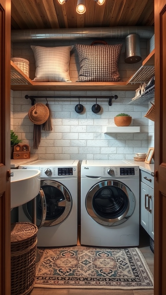A rustic laundry room with wooden shelves, white brick walls, and various textured storage items.